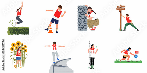 Collection of children participating in various outdoor activities, physical games, and adventure challenges like jumping, balancing, and hiding, in flat vector style.