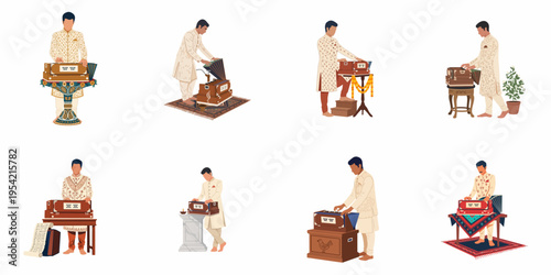 Collection of illustrations featuring an Indian man in traditional clothing playing the harmonium across different decorative settings and poses.