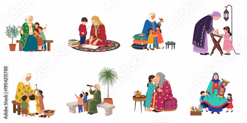 Set of Illustrations Featuring Middle Eastern Grandmother and Grandchildren Sharing Traditional Wisdom, Stories, and Family Moments in Cultural Attire