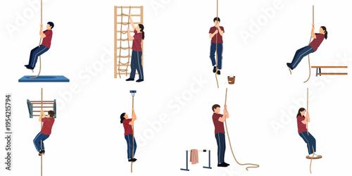 Collection of Illustrations Depicting Students Performing Various Rope Climbing and Gym Activities in a School Physical Education Setting.