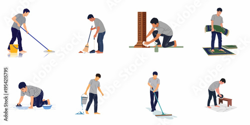 Vector illustration collection of a man performing cleaning tasks in a mosque, including mopping, sweeping, and arranging prayer rugs.