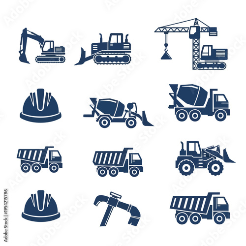 Construction Vehicles and Equipment Icons Set