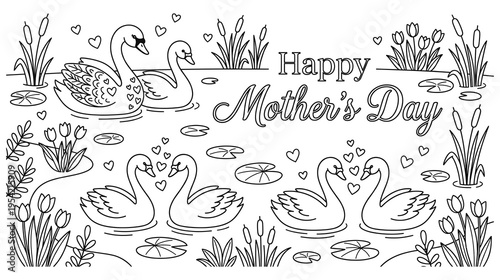 Happy mothers day swans and lily pads vector illustration line art
