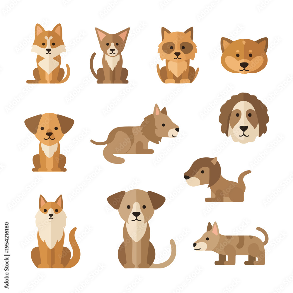 Fototapeta premium Collection of various dog illustrations on a white background