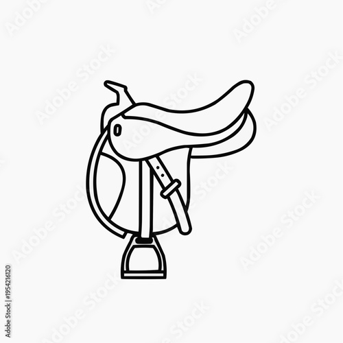 Horse saddle with stirrups and straps in simple line art design,  Grand National horse race concept 