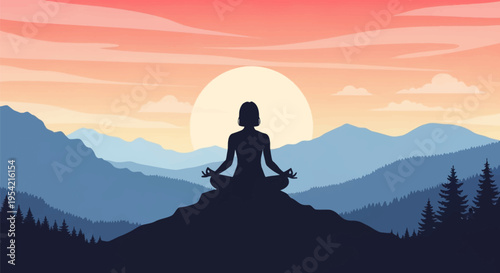Silhouette of a woman meditating in lotus position on a rocky peak at sunset. Minimalist vector landscape with layered mountains, pine trees, and a large sun in a pink sky.
