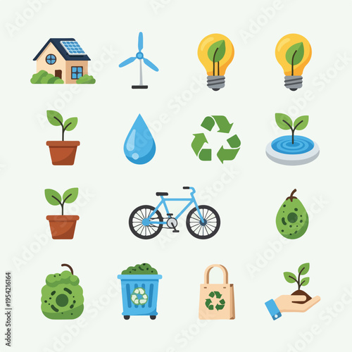 Collection of various environmental and sustainability related illustrations
