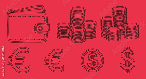 Wallet with coins and currency symbols.