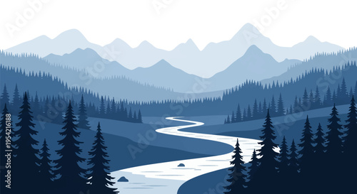 Monochromatic blue vector illustration of a winding river flowing through a valley of pine tree forests with layered mountain ranges in the background under a white sky.