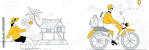 Adventurous traveler exploring tropical and global destinations by motorcycle