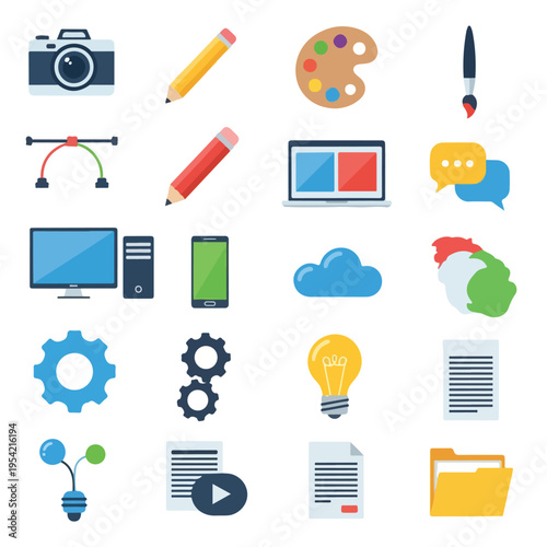 Collection of various flat, colorful icons used for design and multimedia
