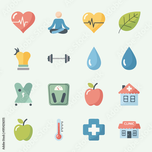 Collection of various flat-design icons related to healthcare and well-being
