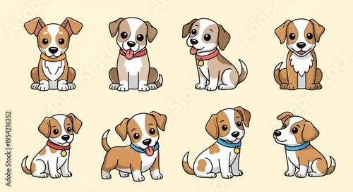 Collection of eight cartoon puppy dog characters with brown and white fur, wearing colorful collars and tags, shown in various sitting and standing poses on a light cream background.