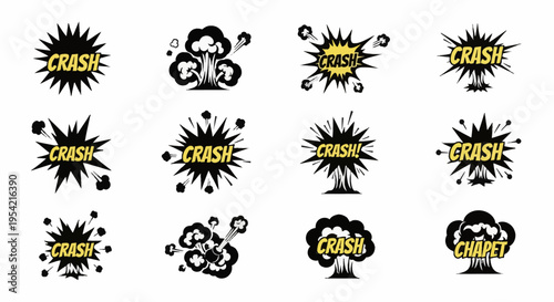 Vector set of twelve comic book style explosion icons featuring black silhouette blast shapes, smoke clouds, and yellow text reading CRASH, isolated on a white background.