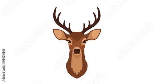 Symmetrical vector illustration of a male brown deer head with prominent antlers, isolated on a white background, featuring realistic proportions, dark horns, and tan neck fur detail.