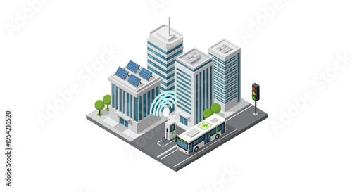 Isometric vector illustration of a modern smart city block with high-rise buildings, rooftop solar panels, an electric bus at a charging station, traffic light, and wireless signal icons.
