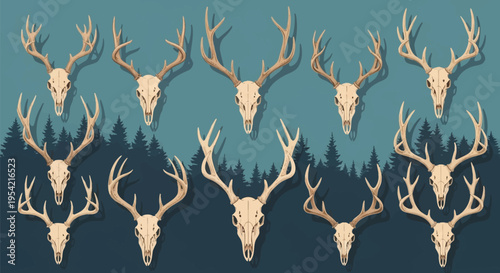 Collection of various deer skulls with different antler configurations and points, displayed in a row over a blue background featuring dark pine forest silhouettes at the horizon.