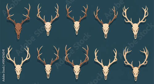 Set of ten stylized deer skull and antler illustrations arranged in rows on a dark teal background. Detailed bone anatomy and branched antler structures in a flat vector graphic style.