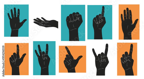 Set of ten black hand silhouette icons showcasing various gestures such as open palm, pointing finger, clenched fist, and rock on sign, presented on teal and orange backgrounds.
