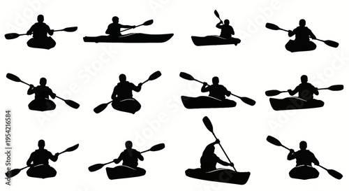 Set of twelve black silhouettes of individuals paddling in kayaks, featuring various front, side, and profile views on a white background, isolated vector icons for water sports.