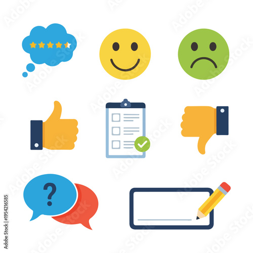 Collection of various icons representing rating, opinion and feedback on white background