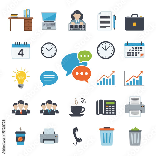 Collection of various office and business related flat icons