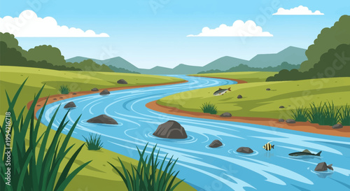 Vector illustration of a winding blue river with swimming fish and rocks, flowing through green meadows and rolling hills under a sunny sky with white clouds in a nature landscape.