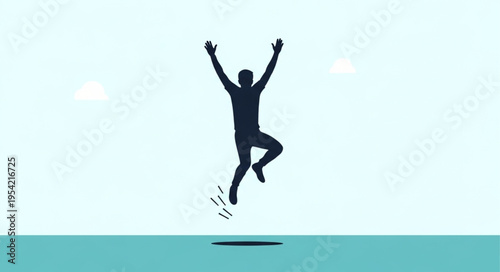 Silhouette of a Person Jumping with Arms Raised in Celebration.