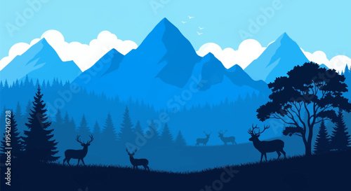 Blue monochromatic vector landscape featuring silhouettes of deer in a forest meadow with large mountain peaks, evergreen trees, a single deciduous tree, and flying birds.