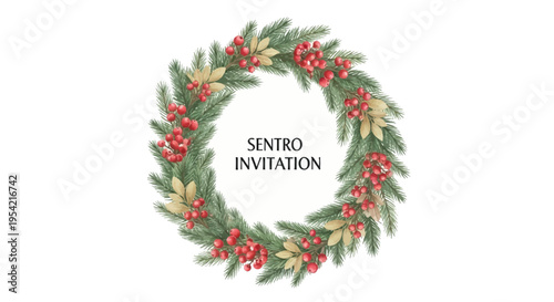 Watercolor Christmas wreath illustration featuring evergreen pine needles, clusters of red berries, and gold leaves on a white background with centered invitation placeholder text.