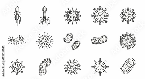 Collection of fifteen minimalist black line vector icons illustrating various types of viruses, bacteria, pathogens, and microorganisms such as bacteriophages and spherical microbes.