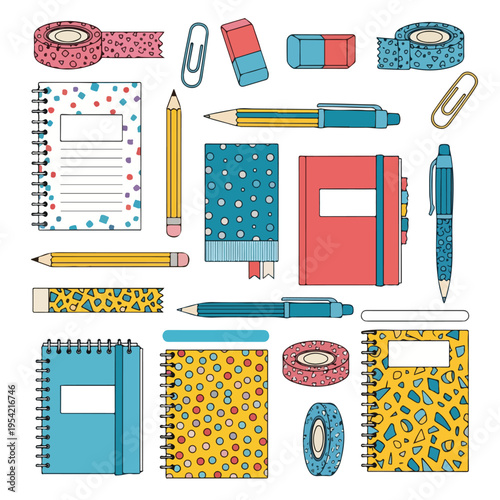 Collection of various school supplies including notebooks, pens, and tape
