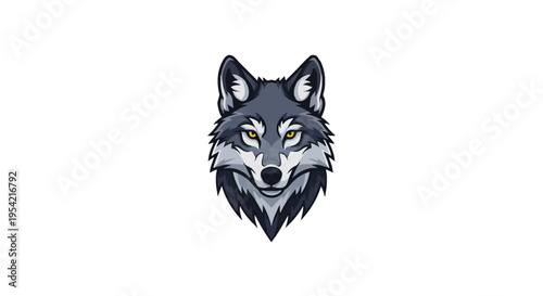 Symmetrical vector illustration of a grey wolf head mascot with intense yellow eyes and detailed fur patterns, animal portrait isolated on white background for branding and logos.