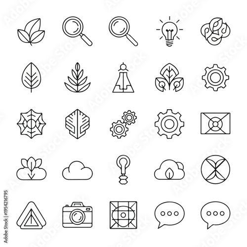 Collection of various outline icons on a white background