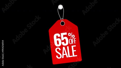65 percent off sale red price tag animation hanging label on transparent background