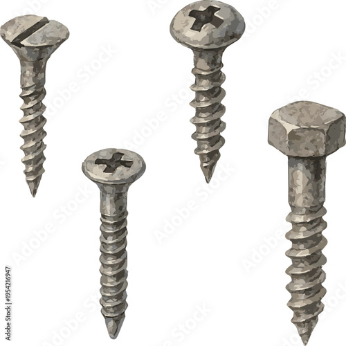 Collection of Watercolor painted vector realistic illustrations of different types of screws
