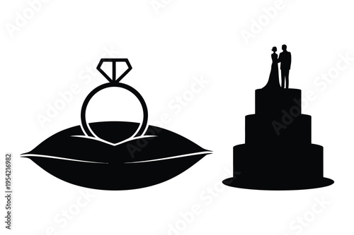 Wedding ring pillow and cake silhouette