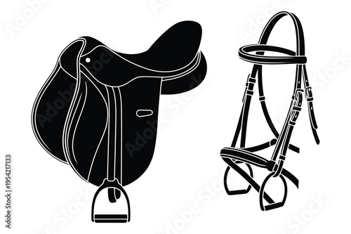 Equestrian saddle and bridle silhouettes with horse riding