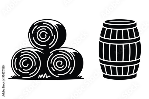 Hay bales and wooden barrel silhouettes with hay bale