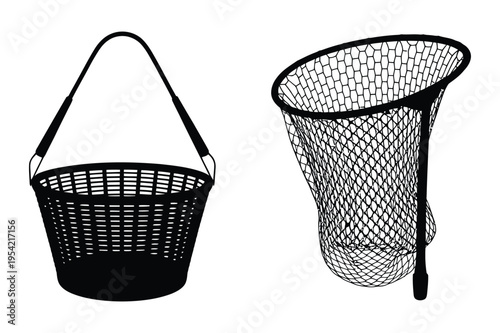 Woven basket and fishing net silhouettes with black and white