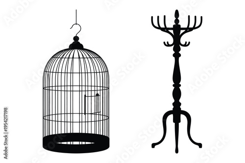 Birdcage and coat rack silhouettes with home decor