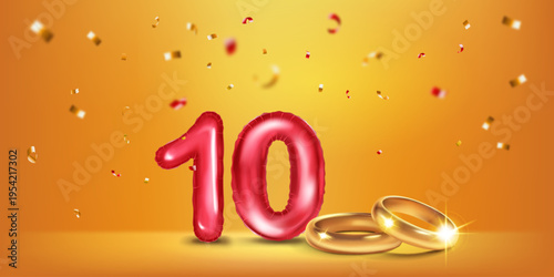 A red number 10 in the form of a balloons with two gold wedding rings, symbolizing the celebration of the tenth wedding anniversary, surrounded by colorful confetti, on warm yellow background.