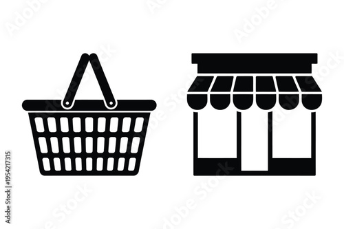 Shopping basket and store front icon with shopping cart