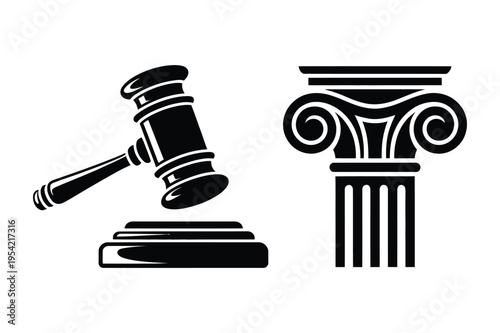 Gavel and courthouse column icon with legal system