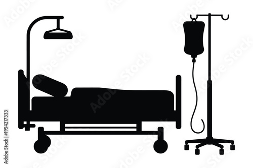 Hospital bed and iv drip icon with hospital equipment