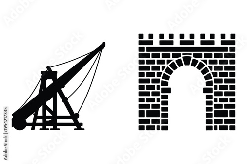 Siege weapon and castle gate icon with stone wall