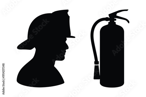 Firefighter helmet and extinguisher icon with fire safety
