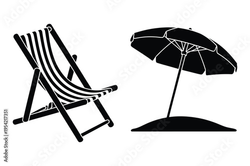 Deck chair and beach umbrella icon