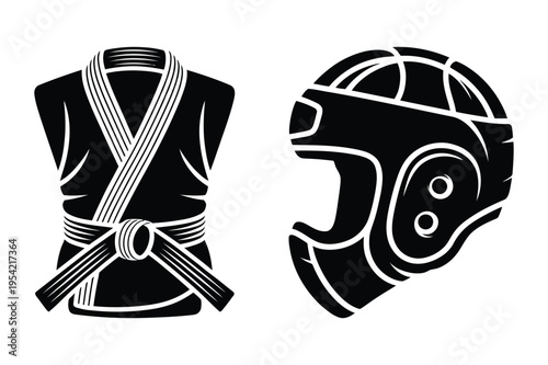Martial arts gi and boxing headgear icon set