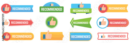 Recommended banner vector set featuring best recommendation badge, bestseller tag, top rating advice banners, and colorful thumbs up icons for product promotion, marketing, and customer approval